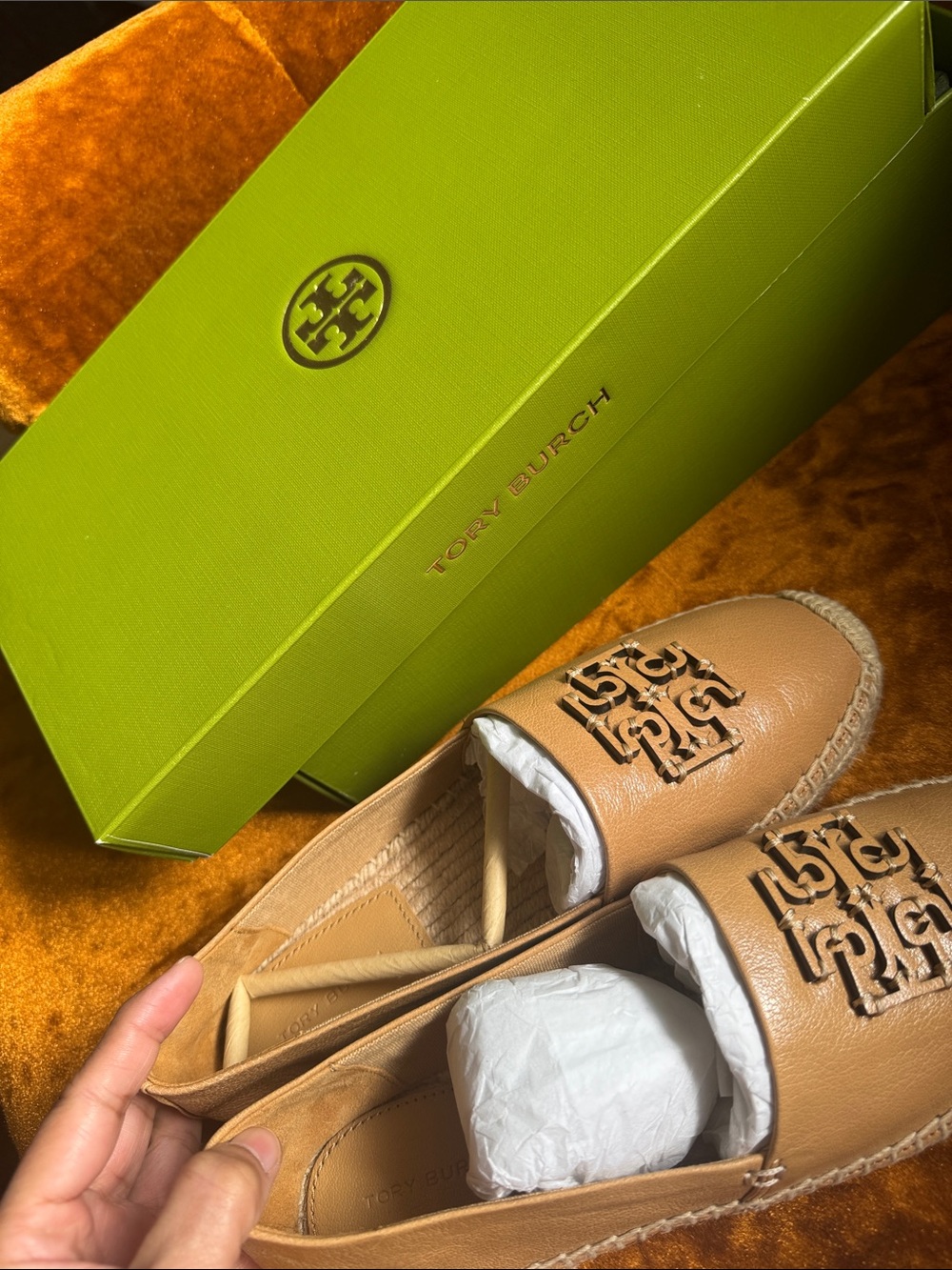 Tory Burch Cognac Tan Leather Espadrille Loafers